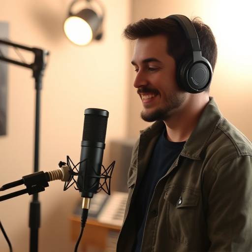 A voice-over artist speaking into a microphone in a studio