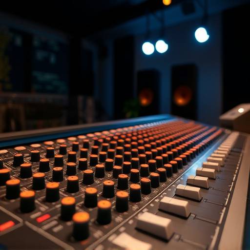 An audio mixing console with various knobs and faders