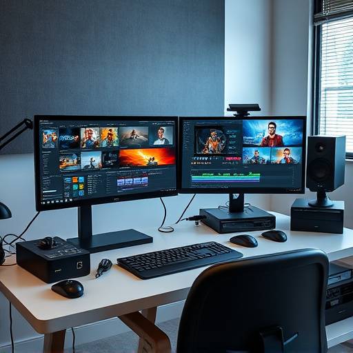 Editing workstation with dual monitors and professional software