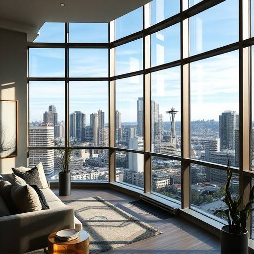 Interior shot of a modern Seattle apartment with large windows overlooking the city skyline.