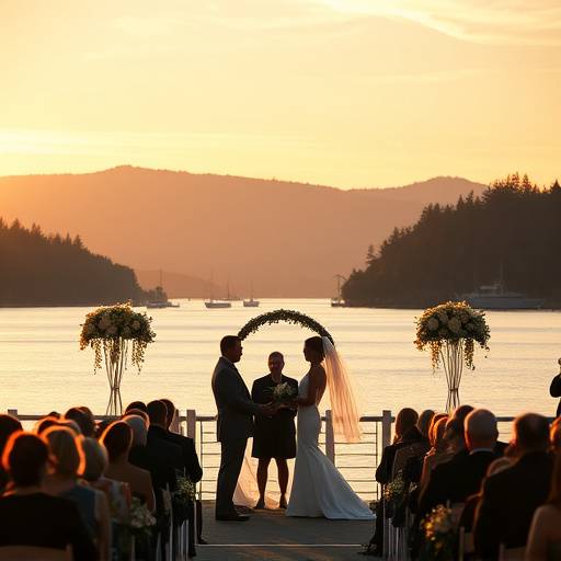 Photo of a wedding ceremony taking place outdoors with the Puget Sound in the background.