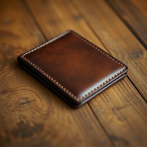 Product shot of a handcrafted leather wallet on a wooden surface.