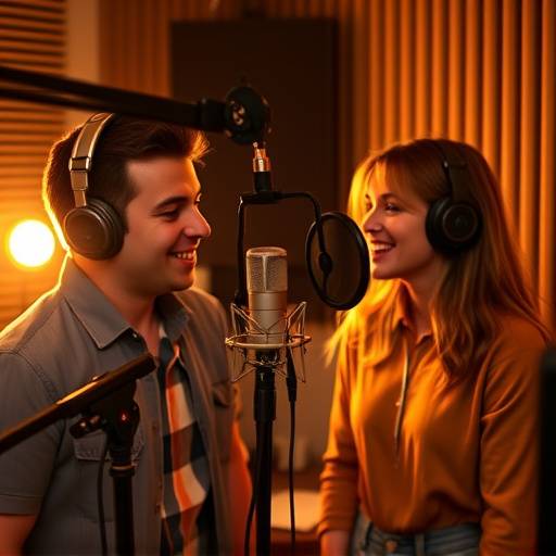 Two people recording a podcast in a professional studio setting